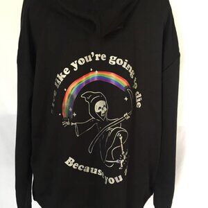 Black hoodie with slogan and grim reaper